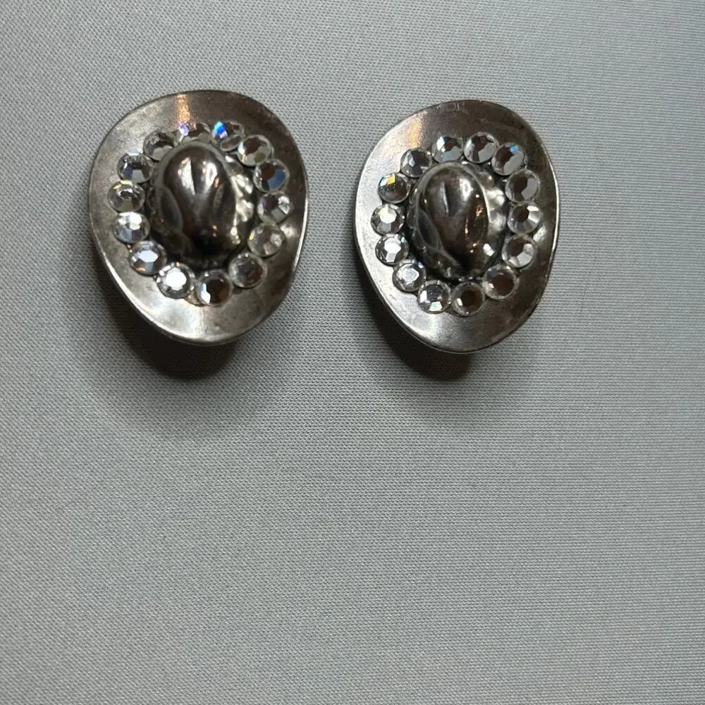 Cowboy Hat silver tone rhinestone adorned clip on earrings